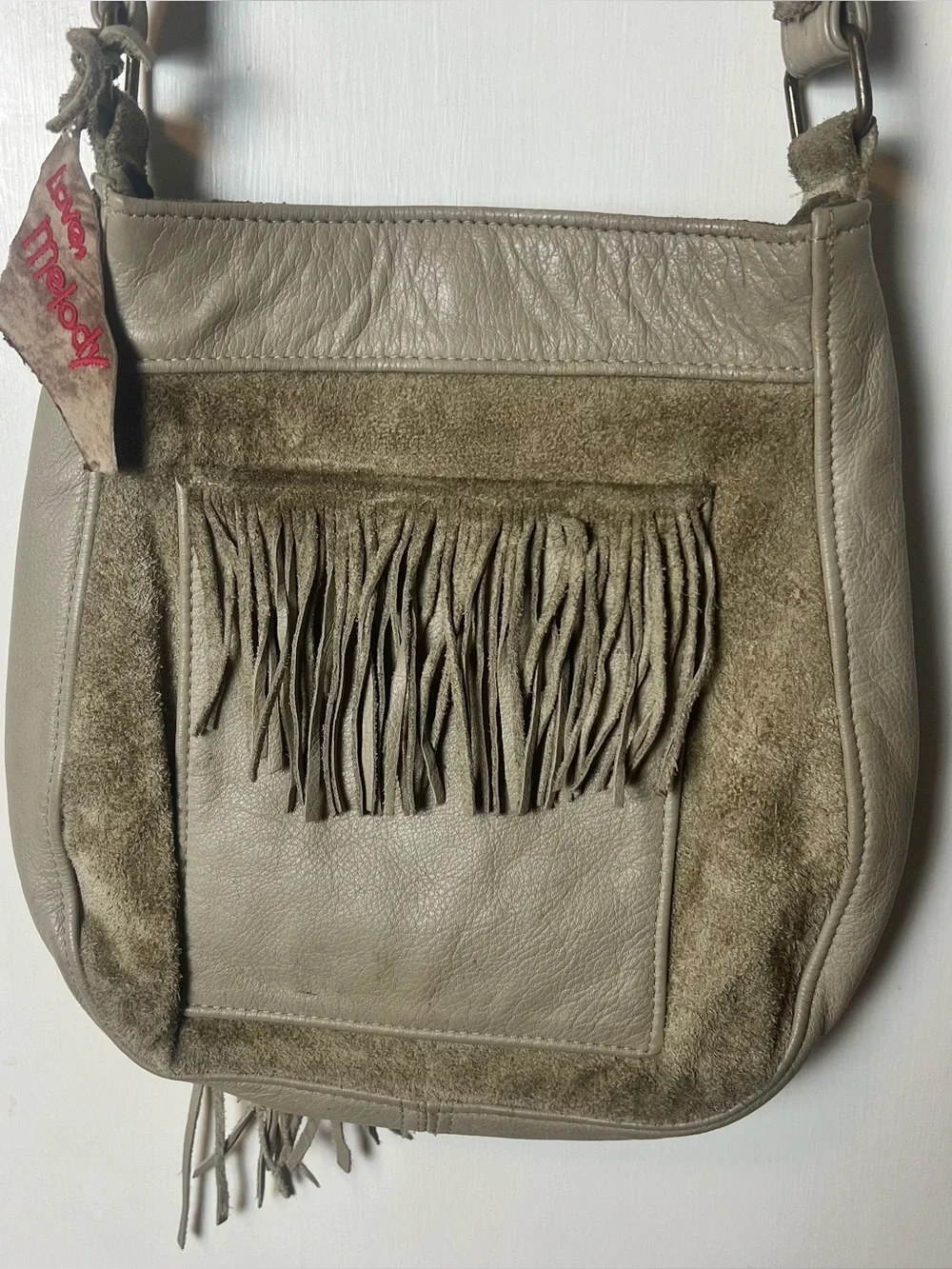 Love Melody Handmade Leather Fringe Crossbody Bag Taupe Suede Boho Saddle Bag